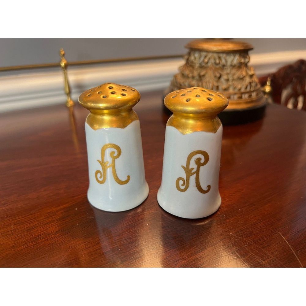 Vintage Salt and Pepper Shakes Favorite‎ Bavaria Monogrammed "A" Blue Gold